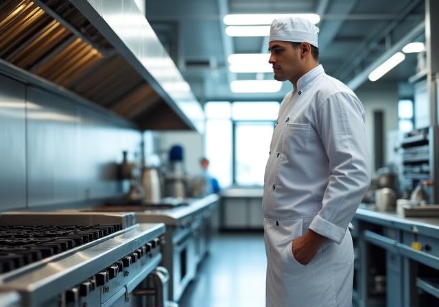 Cocinero profesional trabajando en una cocina industrial impecable